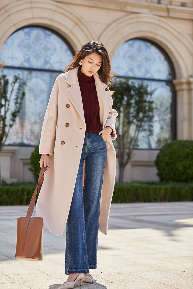 Women 100% Wool Coat For Winter Elegant Beautiful High Grade Brand Blends Double-breasted Office Woolen Overcoat XS With Belt