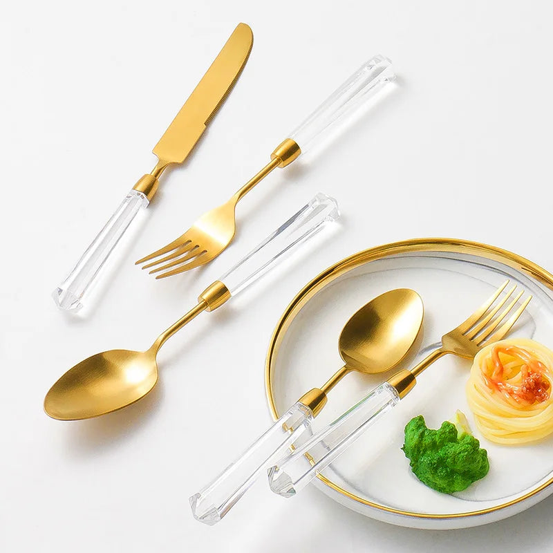 High End Diamond Series Knife, Fork and Spoon Set Flatware, 304 Stainless Steel, Gold and Silver Cutlery Serves 4
