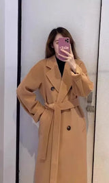 Women 100% Wool Coat For Winter Elegant Beautiful High Grade Brand Blends Double-breasted Office Woolen Overcoat XS With Belt