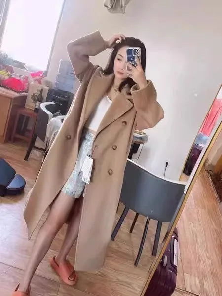 Women 100% Wool Coat For Winter Elegant Beautiful High Grade Brand Blends Double-breasted Office Woolen Overcoat XS With Belt