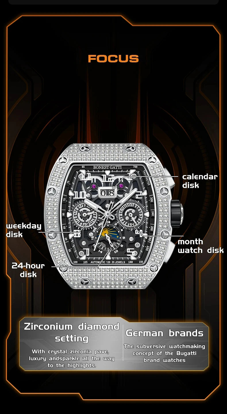 Bonest Gatti Men Luxury Automatic Movement Skeleton Mechanical Watch Rubber Band Diamond Bezel Man watch German Design BG-5004