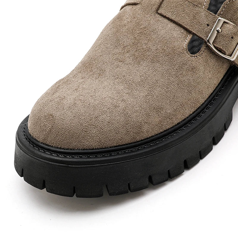 Fashion Khaki Suede Loafers Round Toe Toe  Thick Soled Slippers Men's Leather Shoes Party Casual Thick Soled Shoes for Men