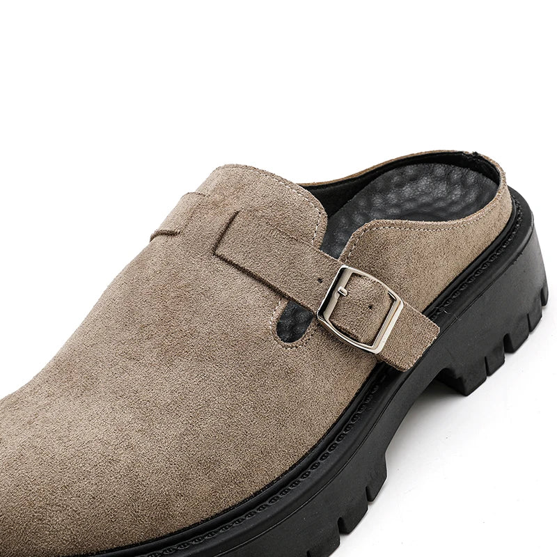 Fashion Khaki Suede Loafers Round Toe Toe  Thick Soled Slippers Men's Leather Shoes Party Casual Thick Soled Shoes for Men