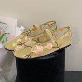 Mesh Gauze Ventilation Soft Sole Single Shoes Women's Round Toe Embroidery Design Mary Jane Shoes Spring Summer Ballet Shoes