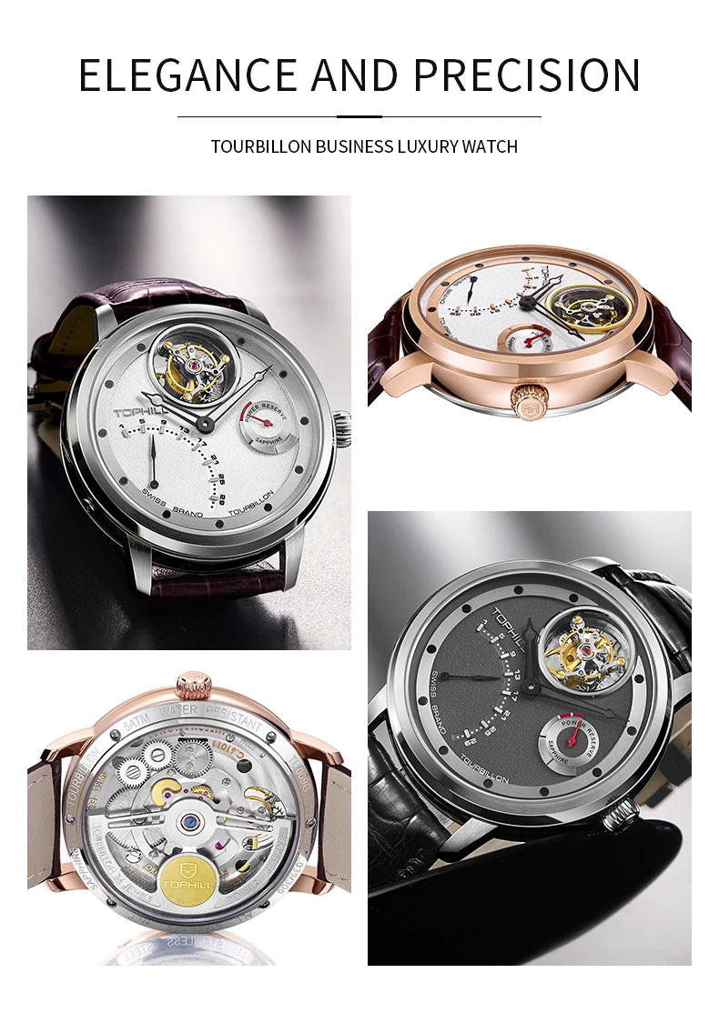 TOPHILL Fashion Waterproof Tourbillon Watches For Men Automatic Movement Self-wind Men's Mechanical Wristwatch Sapphire Glass