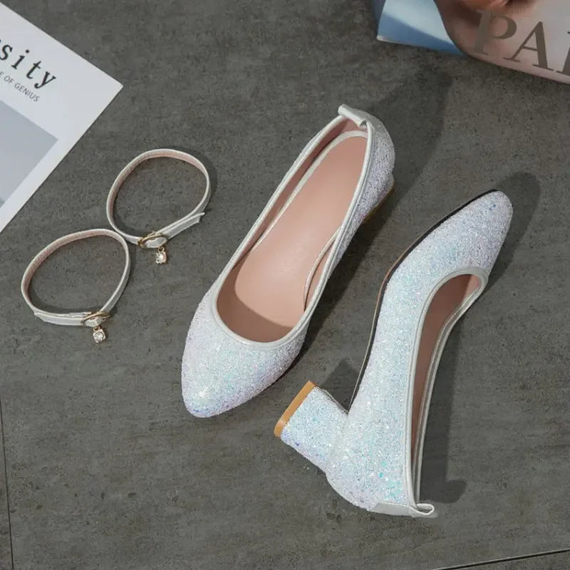 New Women Shoes Pumps Summer Fashion Thick High Heels Buckle Ladies Casual Party Chunky Color Flash Career Slip On  Sequins
