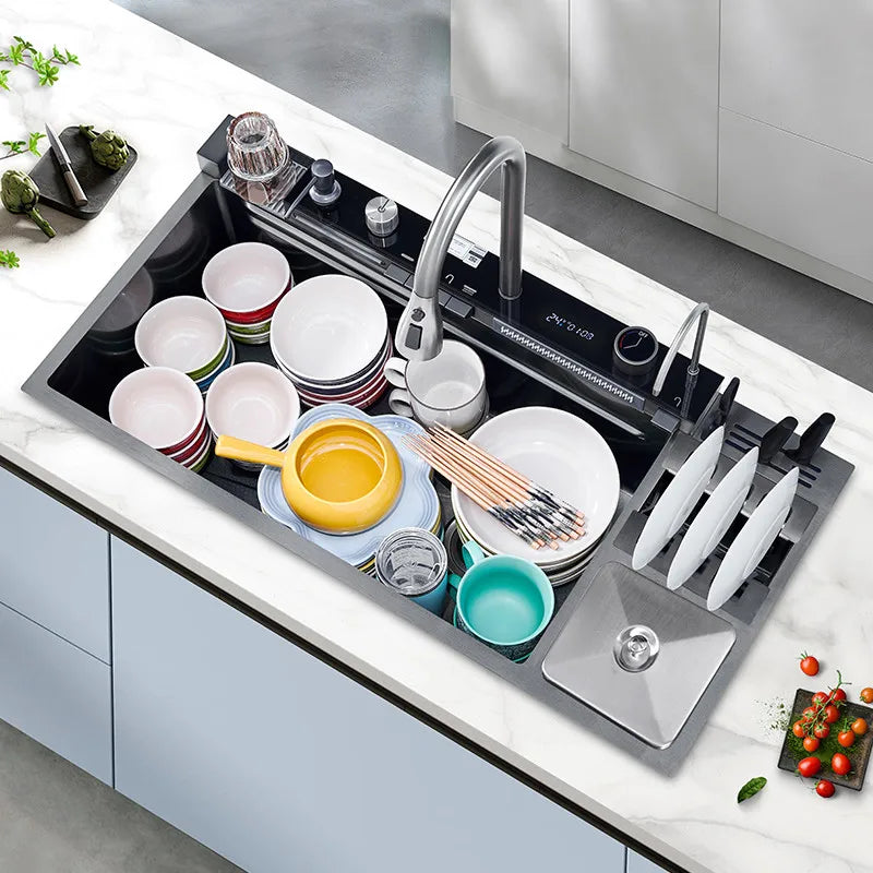 100 CM Large Size Single Slot Stainless Steel Kitchen Sink Multifunctional With Trash Can and Draining Rack Wash Vegetable Basin