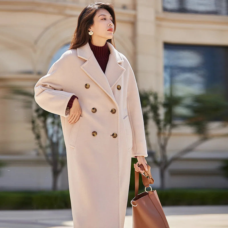 Women 100% Wool Coat For Winter Elegant Beautiful High Grade Brand Blends Double-breasted Office Woolen Overcoat XS With Belt