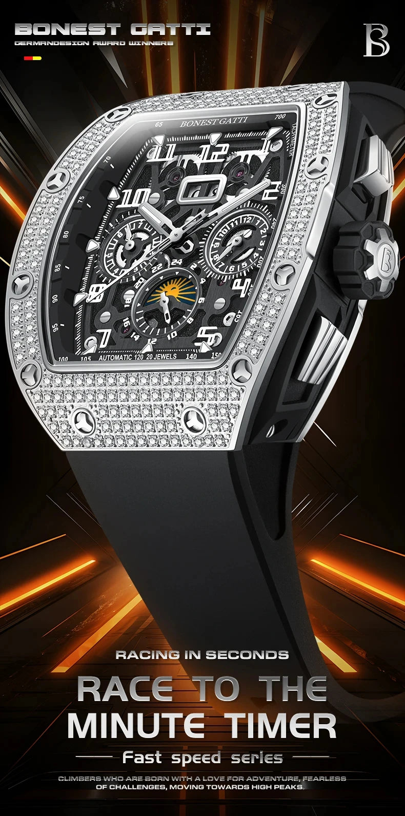 Bonest Gatti Men Luxury Automatic Movement Skeleton Mechanical Watch Rubber Band Diamond Bezel Man watch German Design BG-5004