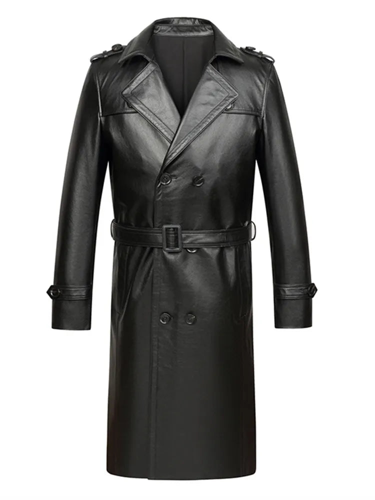 Men's Genuine Cowhide Leather Trench Coat Long Youth Handsome Belted Suit Collar Jacket for Autumn Winter 6XL