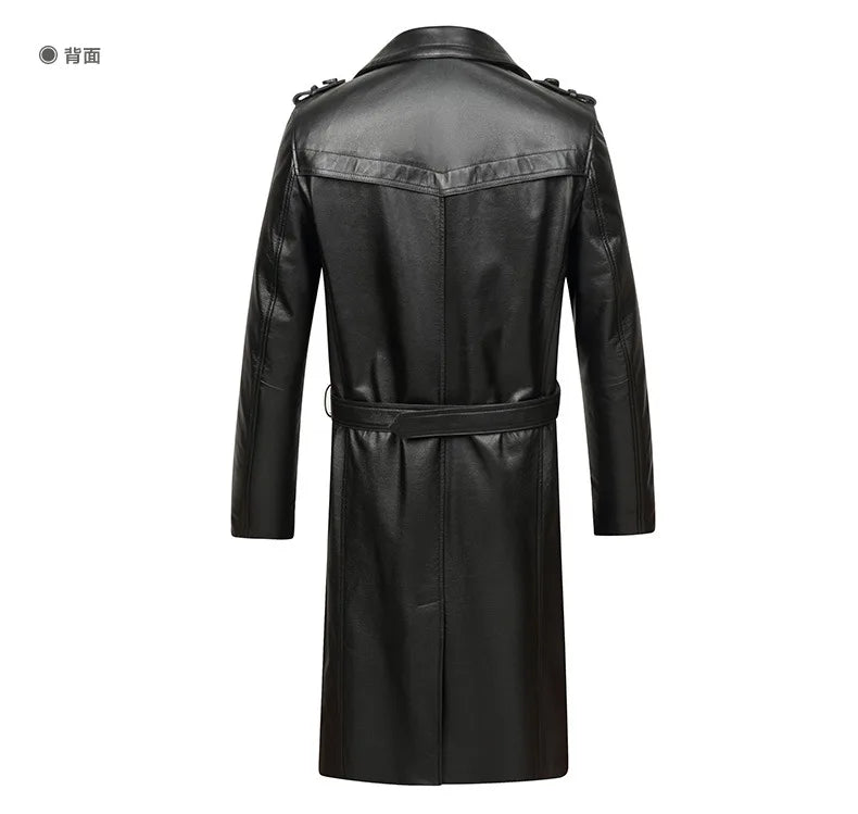 Men's Genuine Cowhide Leather Trench Coat Long Youth Handsome Belted Suit Collar Jacket for Autumn Winter 6XL