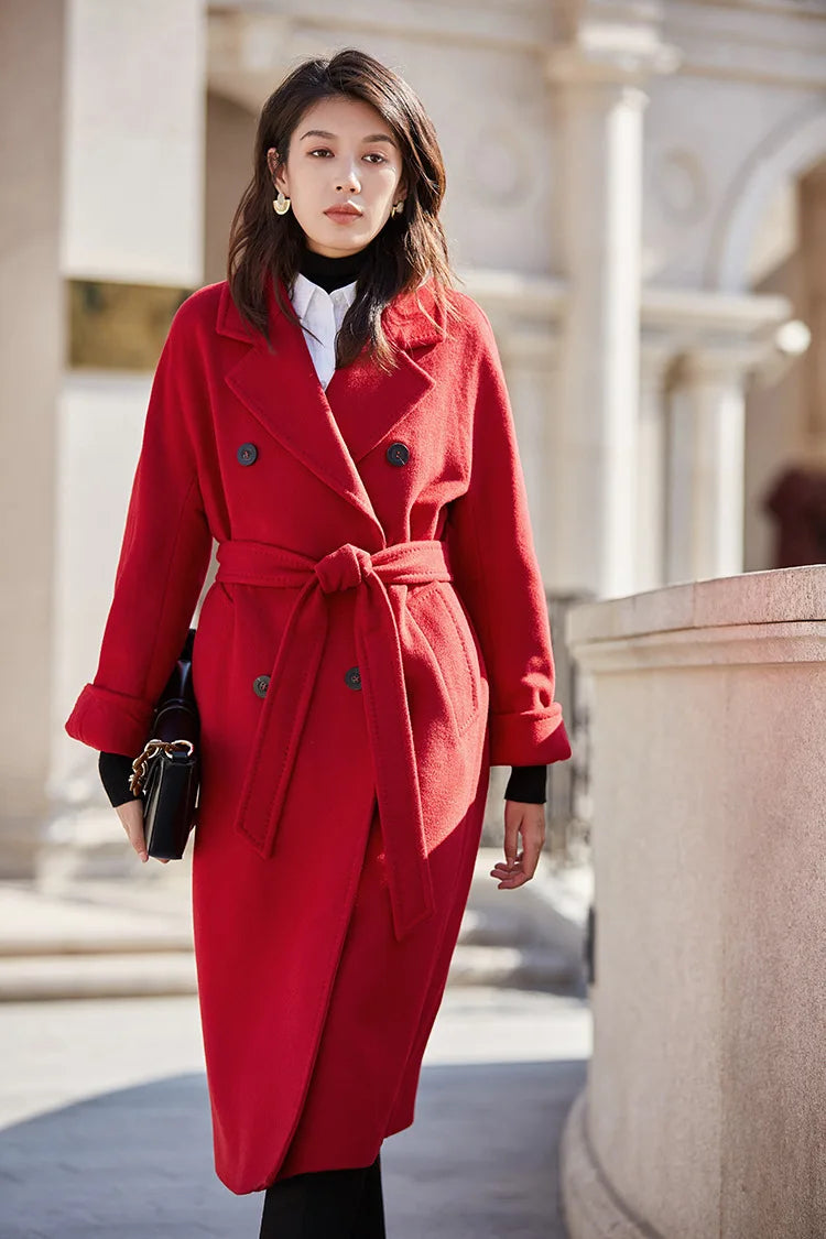 Women 100% Wool Coat For Winter Elegant Beautiful High Grade Brand Blends Double-breasted Office Woolen Overcoat XS With Belt