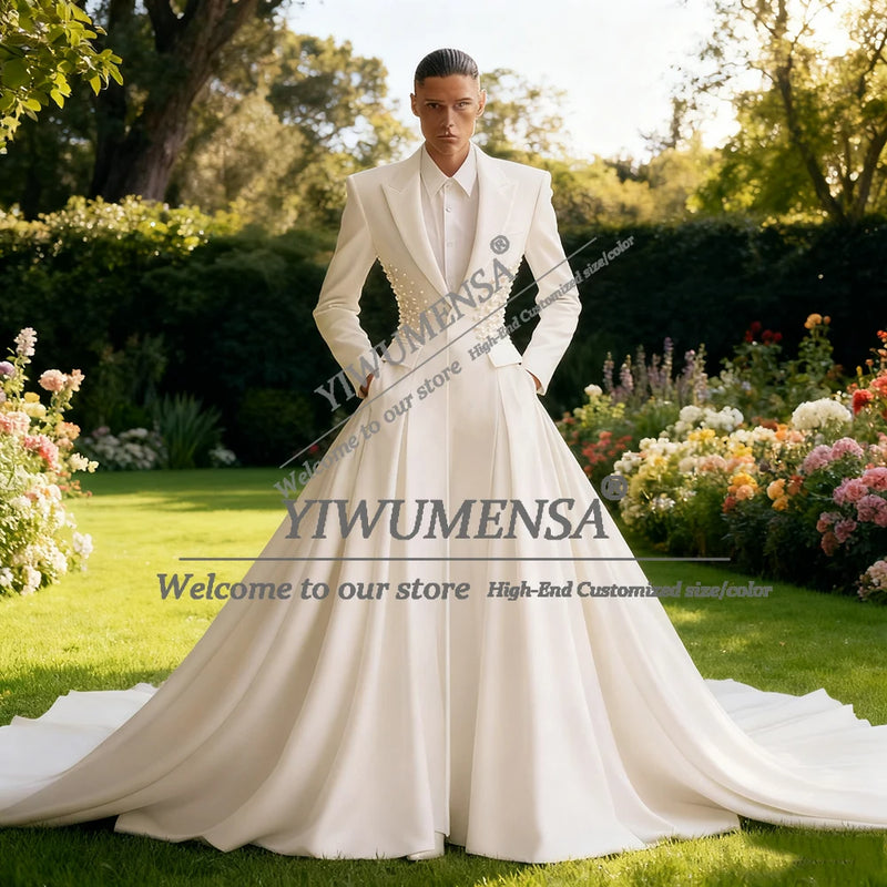 Unique Desingn Solid Suits Men For Wedding Beaded Stones Prom Blazers With Long Train Customized 2 Pieces Groom Tuxedos Attire