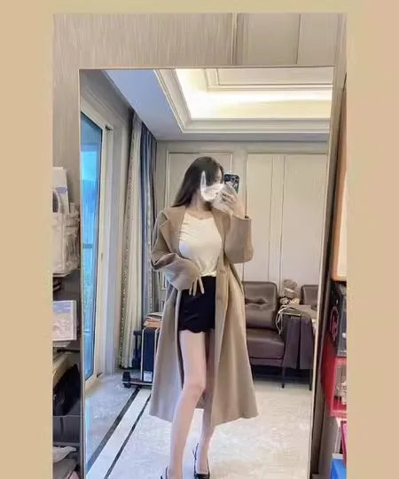 Women 100% Wool Coat For Winter Elegant Beautiful High Grade Brand Blends Double-breasted Office Woolen Overcoat XS With Belt