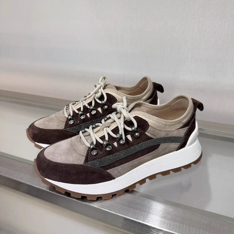 2025 Early Spring Full-Grain Leather Patchwork Chain Retro Color-Block Thick-Sole Casual Women's Shoes