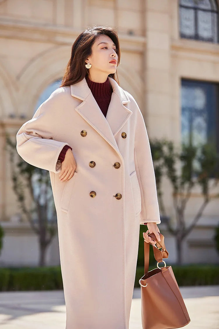 Women 100% Wool Coat For Winter Elegant Beautiful High Grade Brand Blends Double-breasted Office Woolen Overcoat XS With Belt