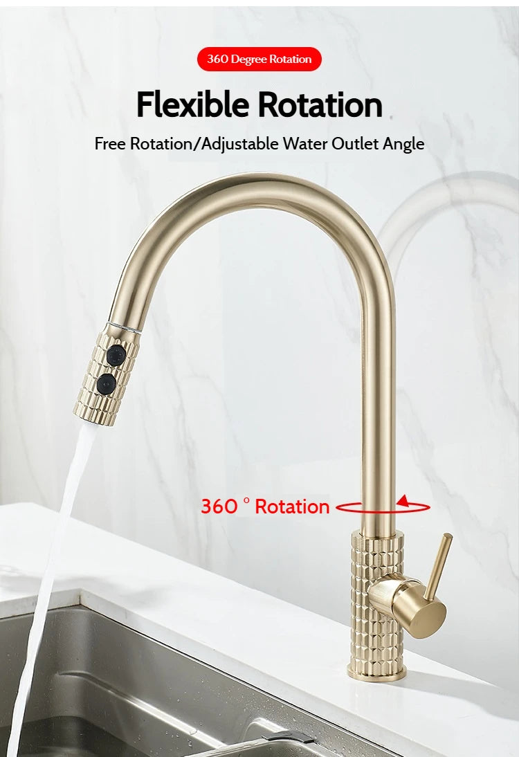 Kitchen Brush Gold Patterned Brass Faucet Pull Out 360 Degree Swivel Hot And Cold Mixer Tap Stream Sprayer Head Single Handle