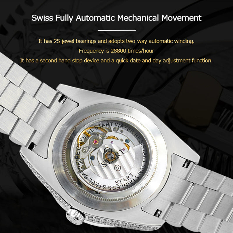 【START】Men's watch Swiss Automatic Mechanical Movement Diamond Watch Waterproof Date Week Function Golden watch