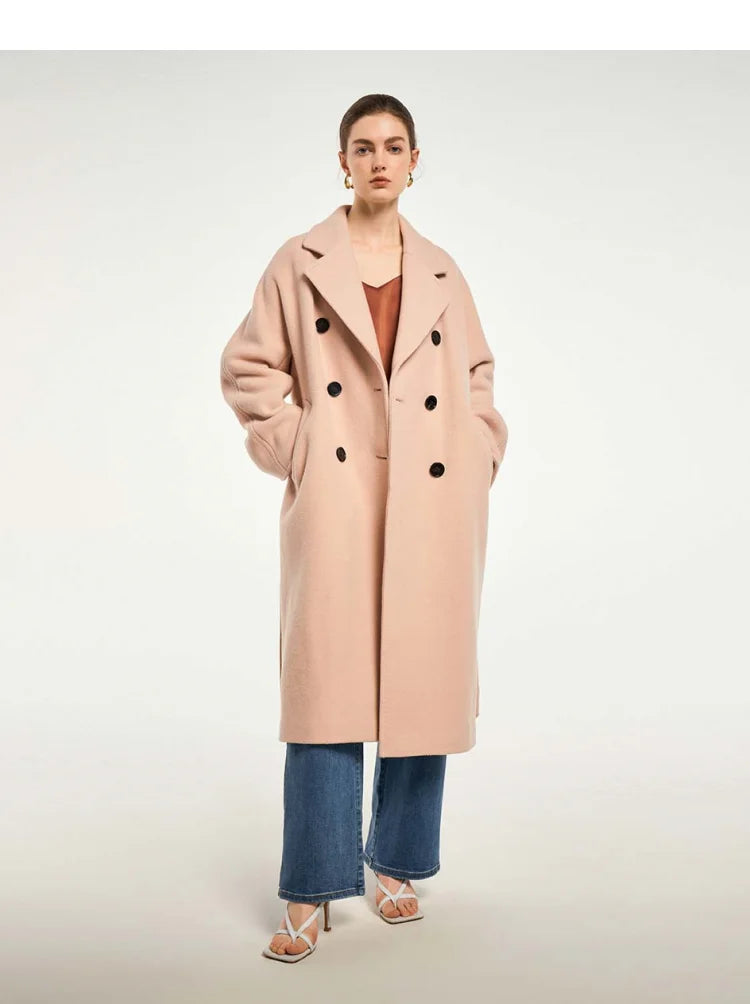 Sheep Wool women's Coat Autumn and Winter French Style Commuter Double-breasted Cashmere Coat Soft Shine Classic Pink Clothes