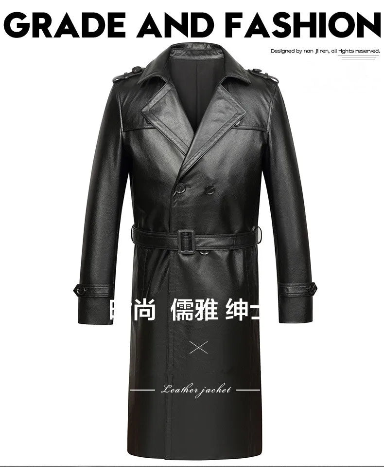 Men's Genuine Cowhide Leather Trench Coat Long Youth Handsome Belted Suit Collar Jacket for Autumn Winter 6XL