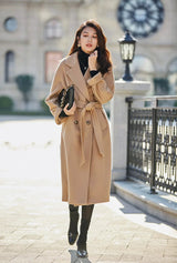 Women 100% Wool Coat For Winter Elegant Beautiful High Grade Brand Blends Double-breasted Office Woolen Overcoat XS With Belt