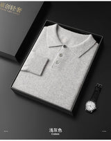 Men's POLO Collar Knitted Pullover Sweater 100% Cashmere Long Sleeved Shirt Casual Business Solid Color Men's Tops Autumn Winter