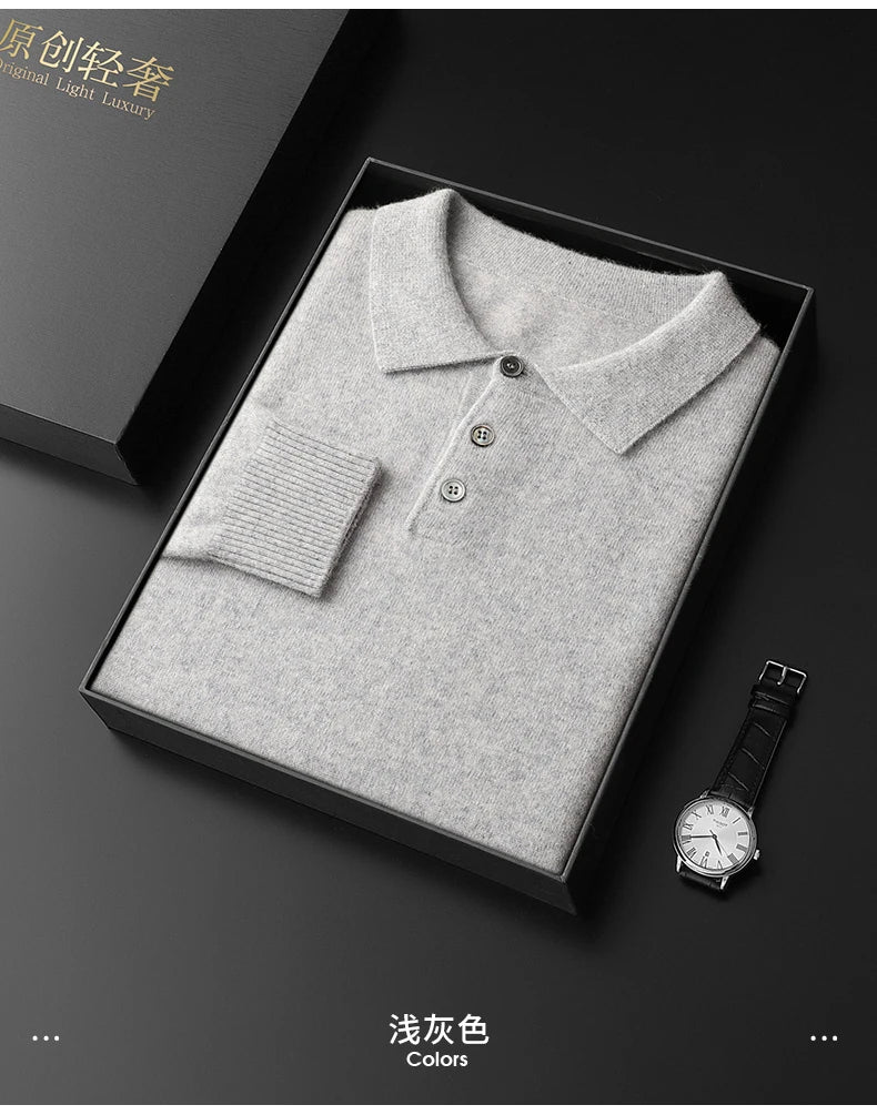 Men's POLO Collar Knitted Pullover Sweater 100% Cashmere Long Sleeved Shirt Casual Business Solid Color Men's Tops Autumn Winter