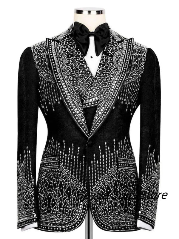 Customized Diamonds Shiny Men Suits High-end Slim Fit Peak Lapel Groom Wedding Tuxedos 3Pcs Sets Male Luxuly Blazers Ropa Hombre