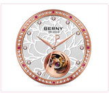 BERNY Luxury 18K Gold Mechanical Watch for Women Automatic Self-Wind Sapphire Ladies Wristwatch 72 Diamond 5ATM Skeleton Design