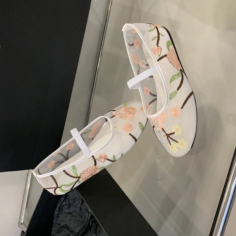 Mesh Gauze Ventilation Soft Sole Single Shoes Women's Round Toe Embroidery Design Mary Jane Shoes Spring Summer Ballet Shoes
