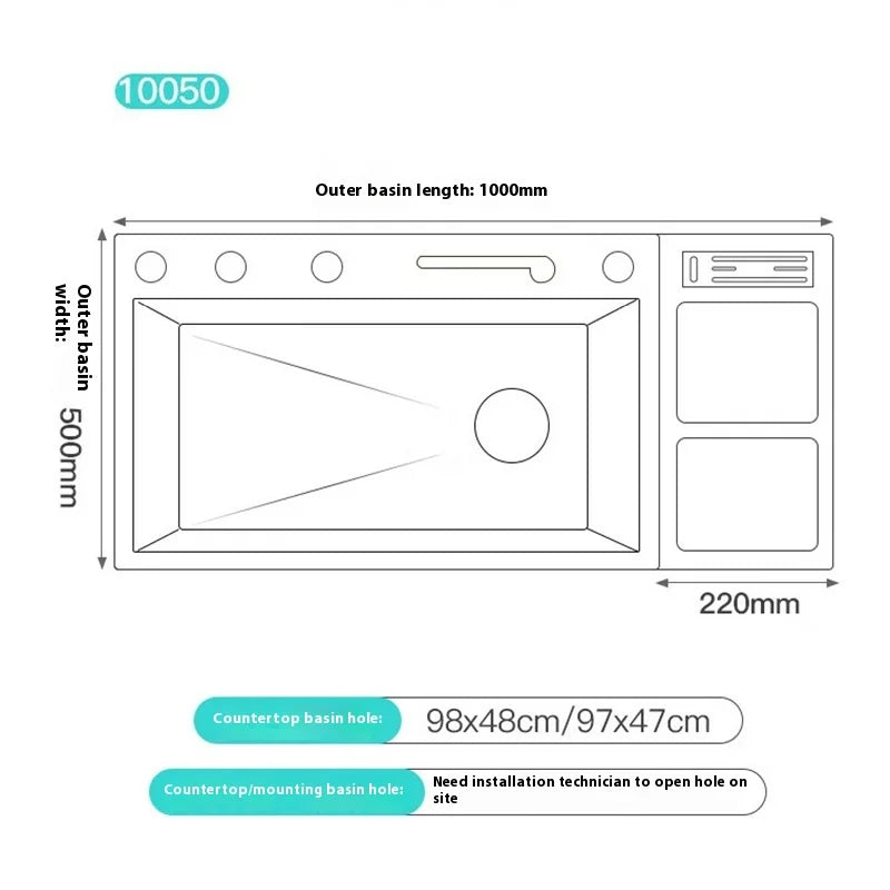 100 CM Large Size Single Slot Stainless Steel Kitchen Sink Multifunctional With Trash Can and Draining Rack Wash Vegetable Basin