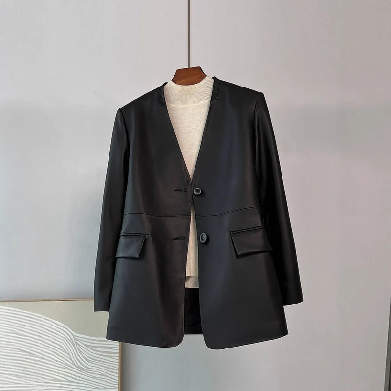 Women's Leather Jacket Coat, Collarless Suit, The First Layer Sheepskin, Lady Leather Coat, Spring and Autumn Fashion