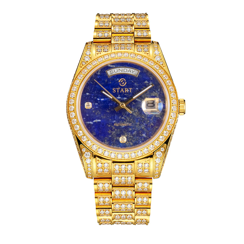 【START】Men's watch Swiss Automatic Mechanical Movement Diamond Watch Waterproof Date Week Function Golden watch