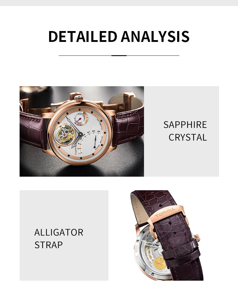 TOPHILL Fashion Waterproof Tourbillon Watches For Men Automatic Movement Self-wind Men's Mechanical Wristwatch Sapphire Glass