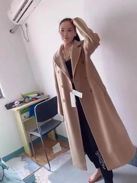 Women 100% Wool Coat For Winter Elegant Beautiful High Grade Brand Blends Double-breasted Office Woolen Overcoat XS With Belt