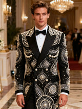 Sparkly Crystal Beaded Men Suits Customized 2 Pieces Sets Groom Male Blazers ropa hombre Long Coat Pants Wedding Party Tuxedo
