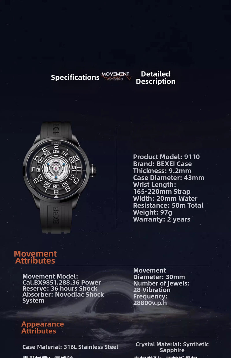 BEXEI 2025 skeleton synthetic sapphire manual tourbillon mechanical movement wrist watch for men Luxury  waterproof Reserve 36H
