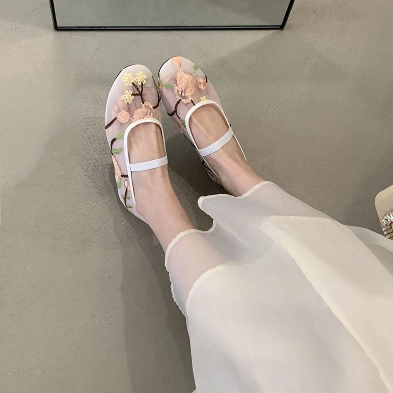 Mesh Gauze Ventilation Soft Sole Single Shoes Women's Round Toe Embroidery Design Mary Jane Shoes Spring Summer Ballet Shoes