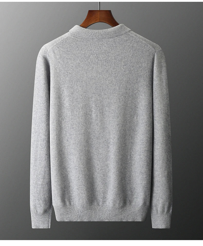 Men's POLO Collar Knitted Pullover Sweater 100% Cashmere Long Sleeved Shirt Casual Business Solid Color Men's Tops Autumn Winter