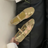 Mesh Gauze Ventilation Soft Sole Single Shoes Women's Round Toe Embroidery Design Mary Jane Shoes Spring Summer Ballet Shoes