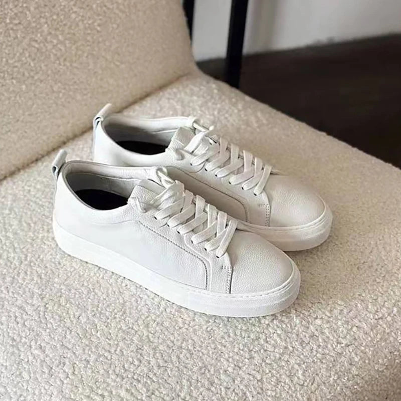 MOOQDAAX 2025 Spring Autumn England Style Fashion Genuine Leather Cowhide Casual Vulcanized Pure White Shoes Sneakers Woman