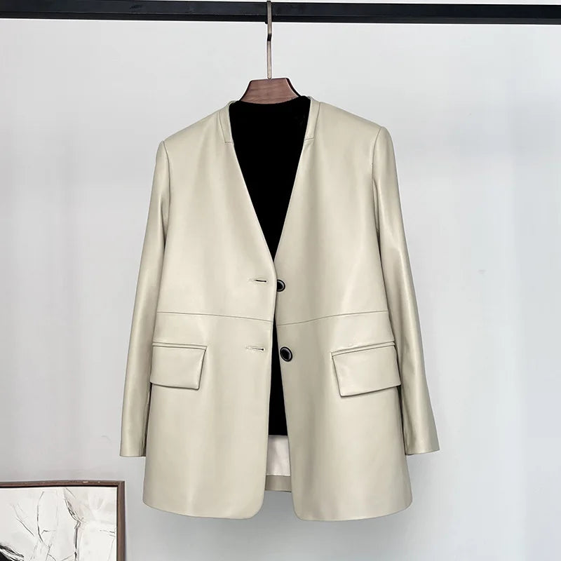 Women's Leather Jacket Coat, Collarless Suit, The First Layer Sheepskin, Lady Leather Coat, Spring and Autumn Fashion