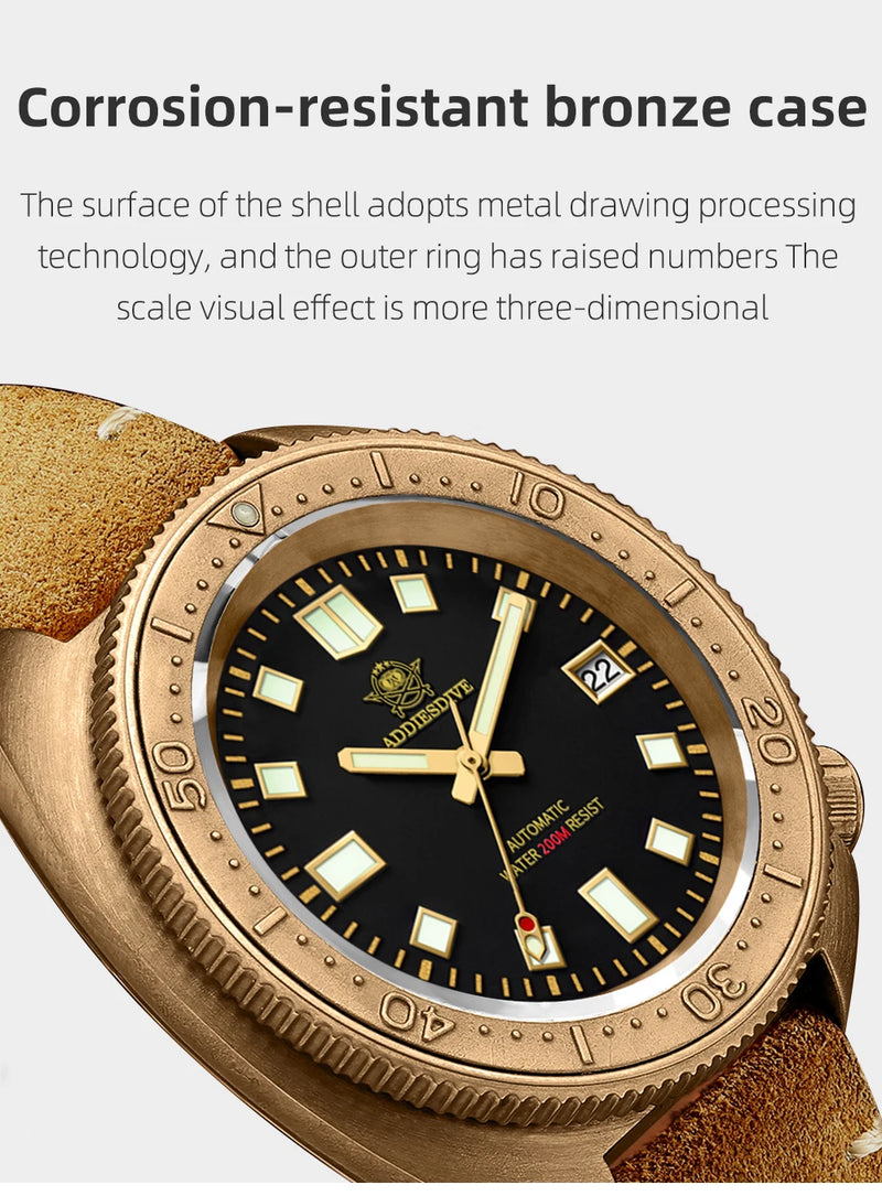 ADDIESDIVE AD2104 Retro Men's Watch CUSN8 Bronze Case Sapphire Automatic Mechanical Watch Watches Waterproof Luminous Wristwatch