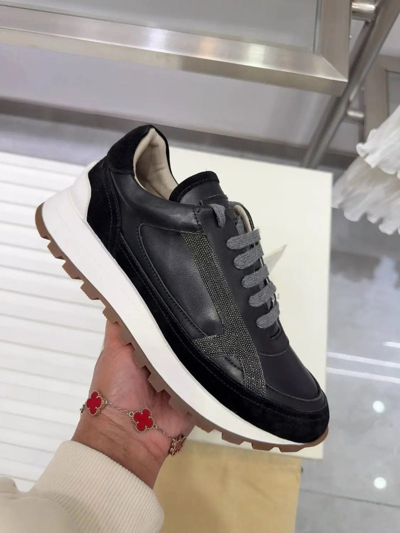 2025 Early Spring Full-Grain Leather Patchwork Chain Retro Color-Block Thick-Sole Casual Women's Shoes