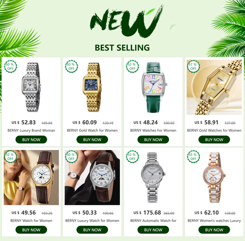 BERNY Luxury 18K Gold Mechanical Watch for Women Automatic Self-Wind Sapphire Ladies Wristwatch 72 Diamond 5ATM Skeleton Design