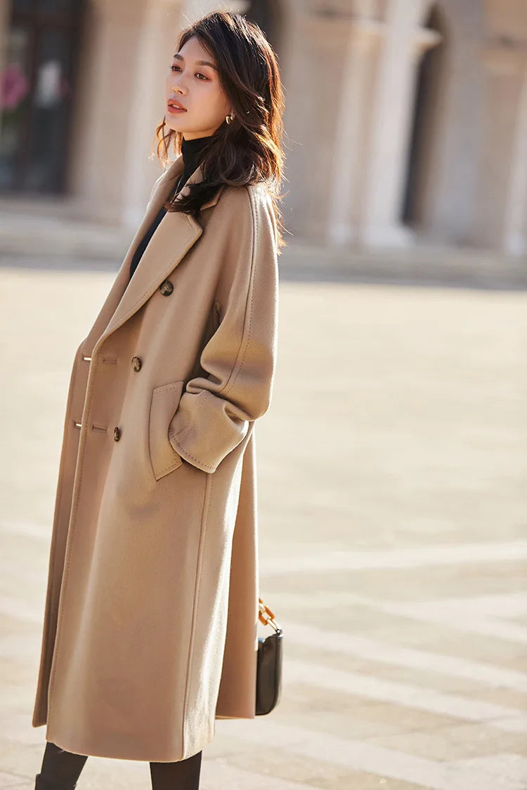 Women 100% Wool Coat For Winter Elegant Beautiful High Grade Brand Blends Double-breasted Office Woolen Overcoat XS With Belt