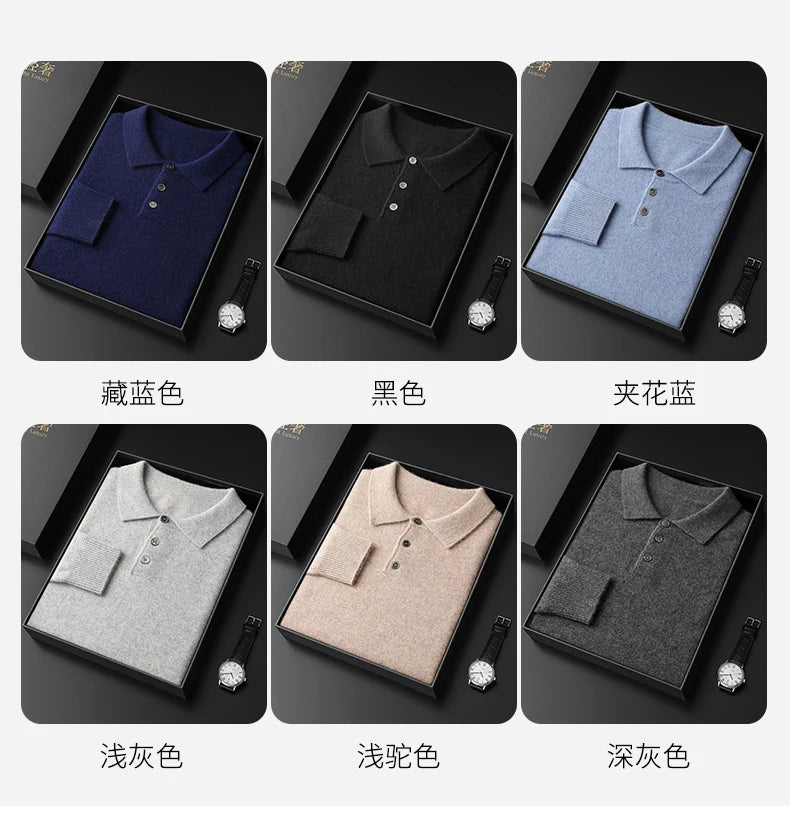 Men's POLO Collar Knitted Pullover Sweater 100% Cashmere Long Sleeved Shirt Casual Business Solid Color Men's Tops Autumn Winter