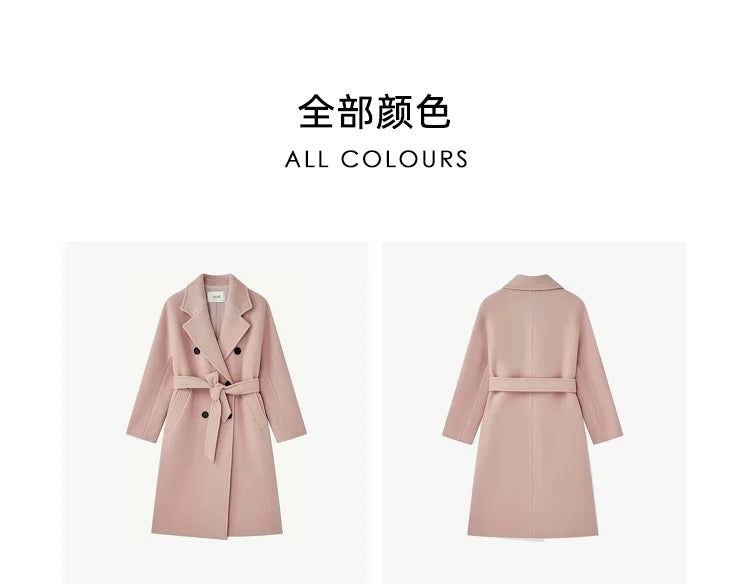 Sheep Wool women's Coat Autumn and Winter French Style Commuter Double-breasted Cashmere Coat Soft Shine Classic Pink Clothes