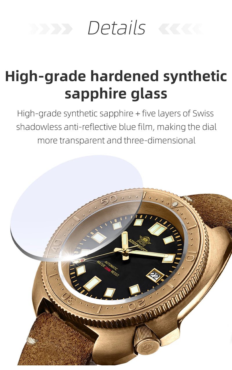 ADDIESDIVE AD2104 Retro Men's Watch CUSN8 Bronze Case Sapphire Automatic Mechanical Watch Watches Waterproof Luminous Wristwatch