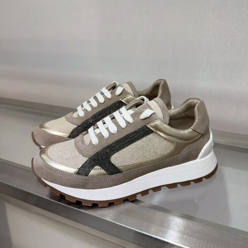 2025 Early Spring Full-Grain Leather Patchwork Chain Retro Color-Block Thick-Sole Casual Women's Shoes